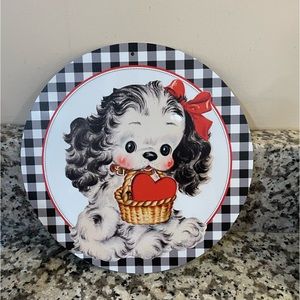 Puppy Heart Valentine Day Tin Metal Sign NEW Buffalo Plaid Decor Cute Gift